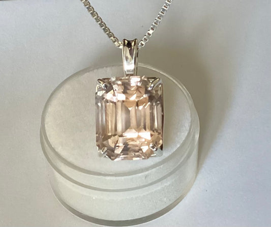 Pendant, Pinky Peach Katlang Topaz, Emerald Cut in Sterling Silver, 13.66 cts.