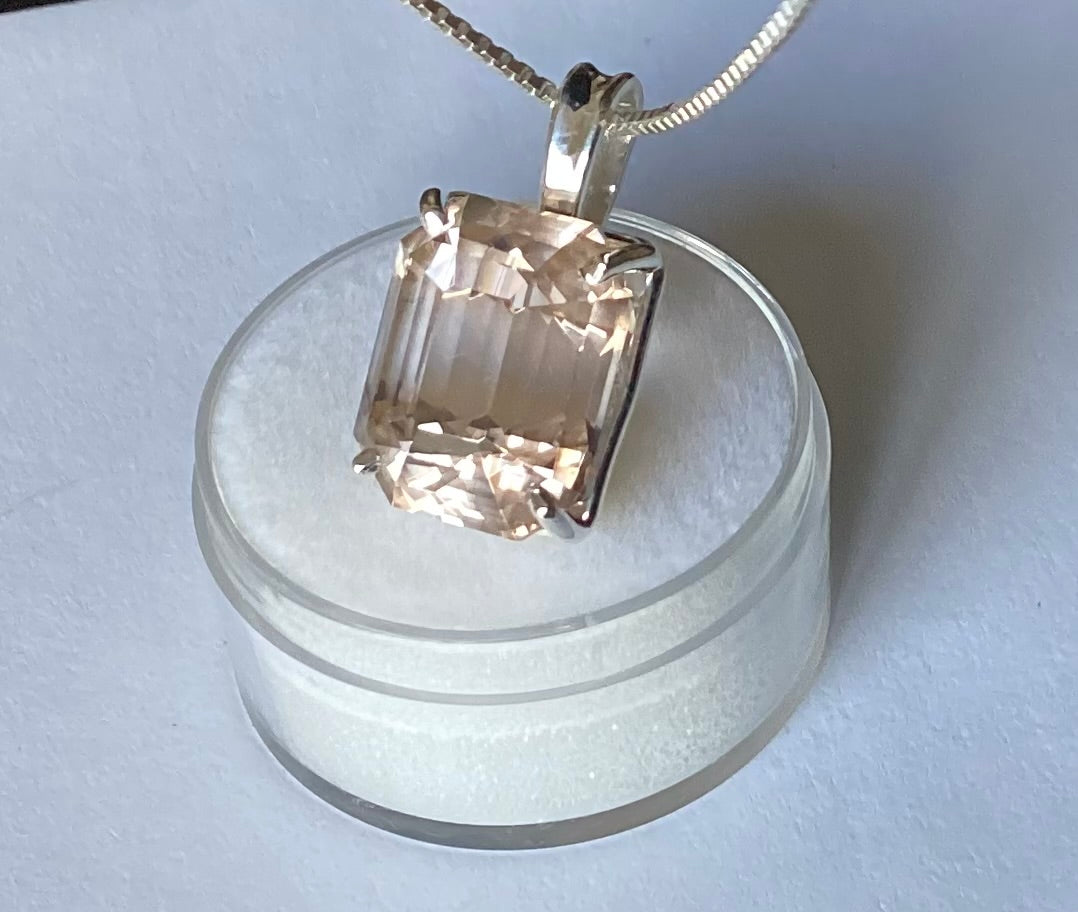 Pendant, Pinky Peach Katlang Topaz, Emerald Cut in Sterling Silver, 13.66 cts.