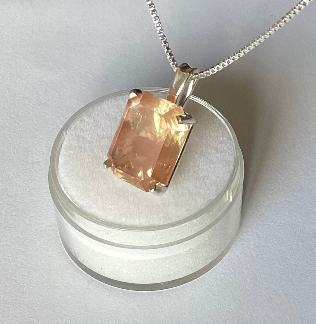 Pendant, Peach Schiller Oregon Sunstone, Emerald Cut Set in Sterling Silver, 7.54 cts.