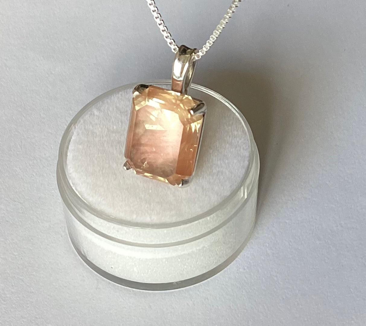 Pendant, Peach Schiller Oregon Sunstone, Emerald Cut Set in Sterling Silver, 7.54 cts.