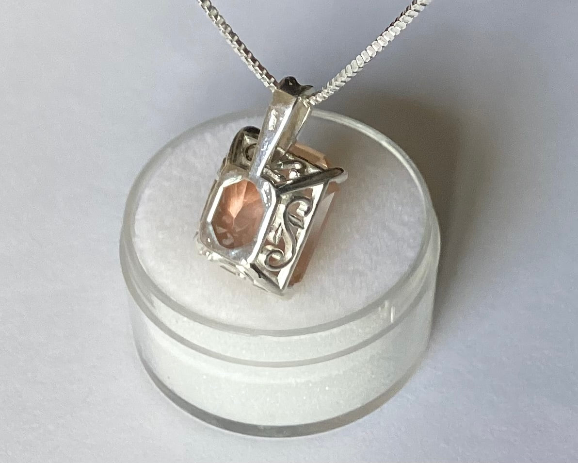 Pendant, Peach Schiller Oregon Sunstone, Emerald Cut Set in Sterling Silver, 7.54 cts.