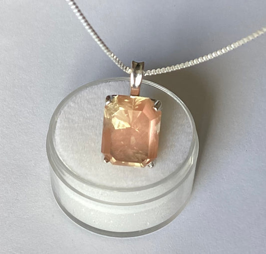 Pendant, Peach Schiller Oregon Sunstone, Emerald Cut Set in Sterling Silver, 7.54 cts.